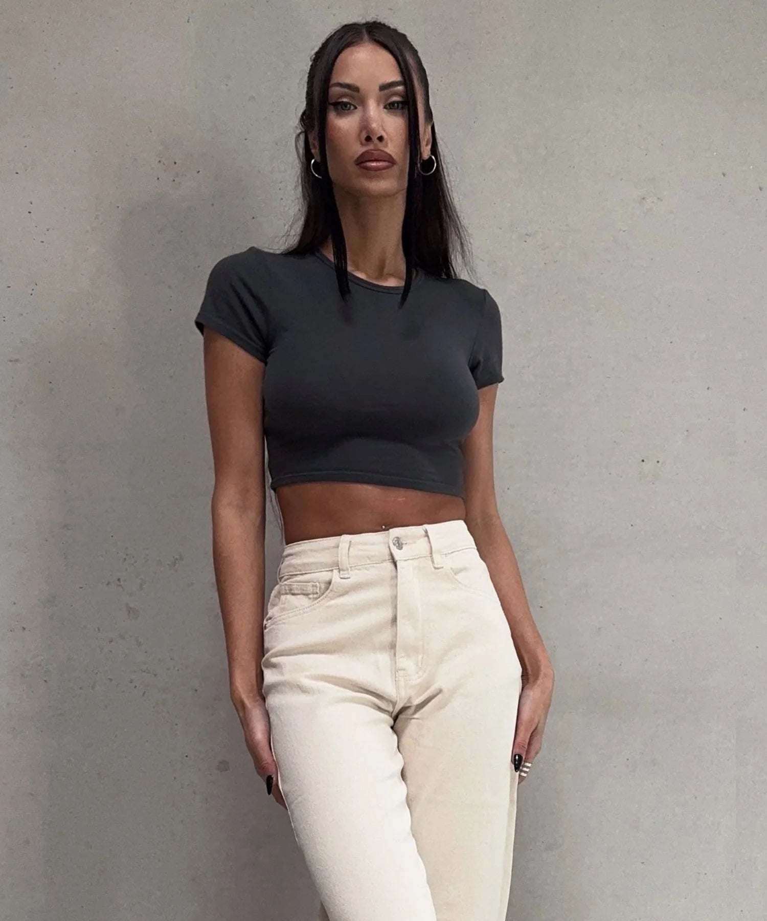 Jeans elasticizzati a gamba larga beige
