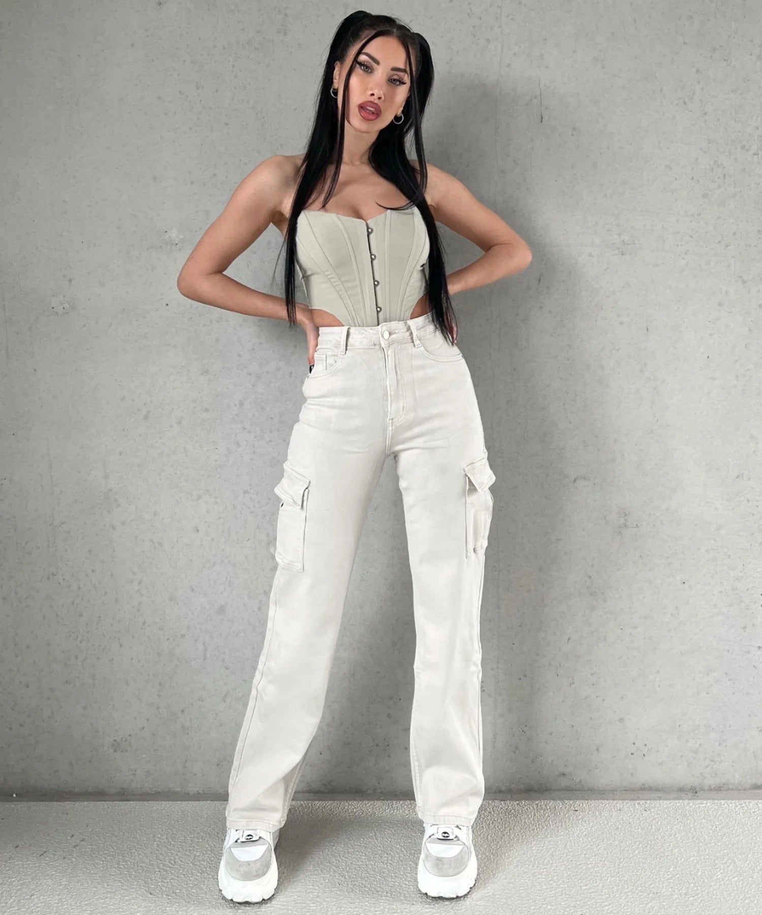 Jeans cargo elasticizzati a gamba larga beige