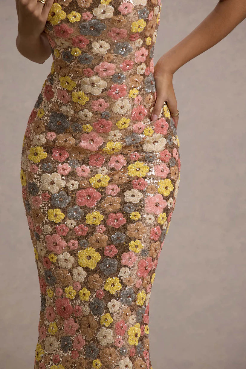 Abito lungo floreale Floramira con paillettes
