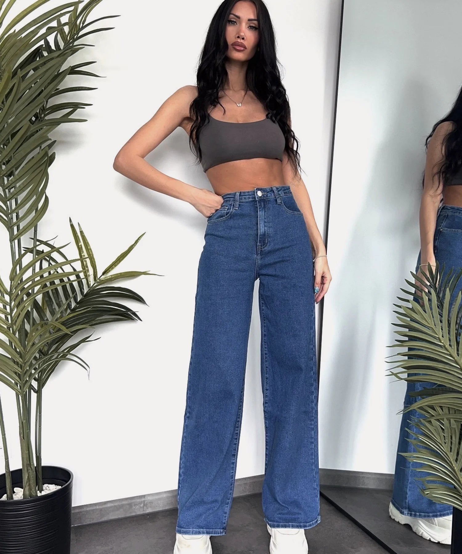 Jeans elasticizzati a gamba larga blu classico