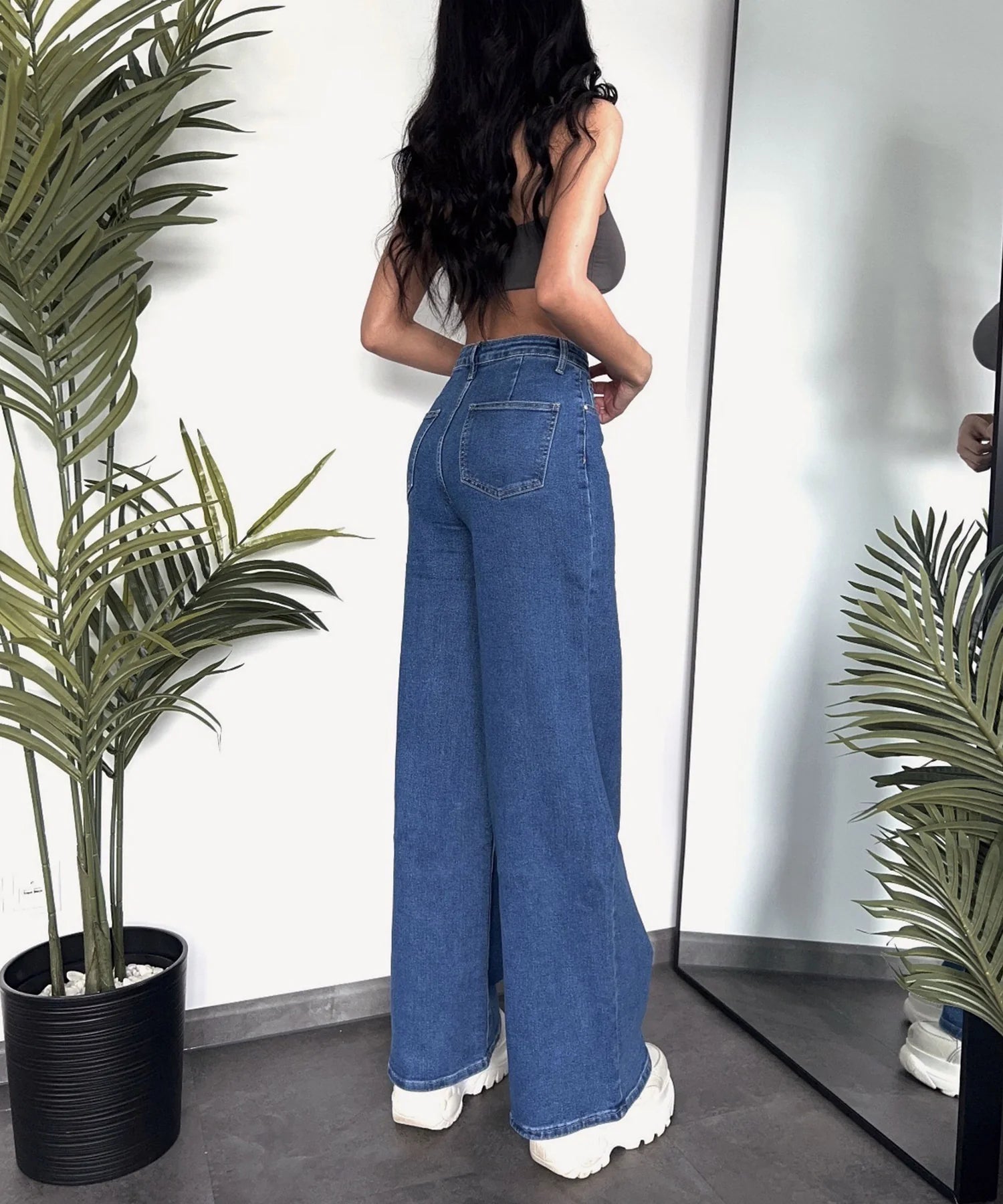 Jeans elasticizzati a gamba larga blu classico