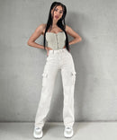Jeans cargo elasticizzati a gamba larga beige