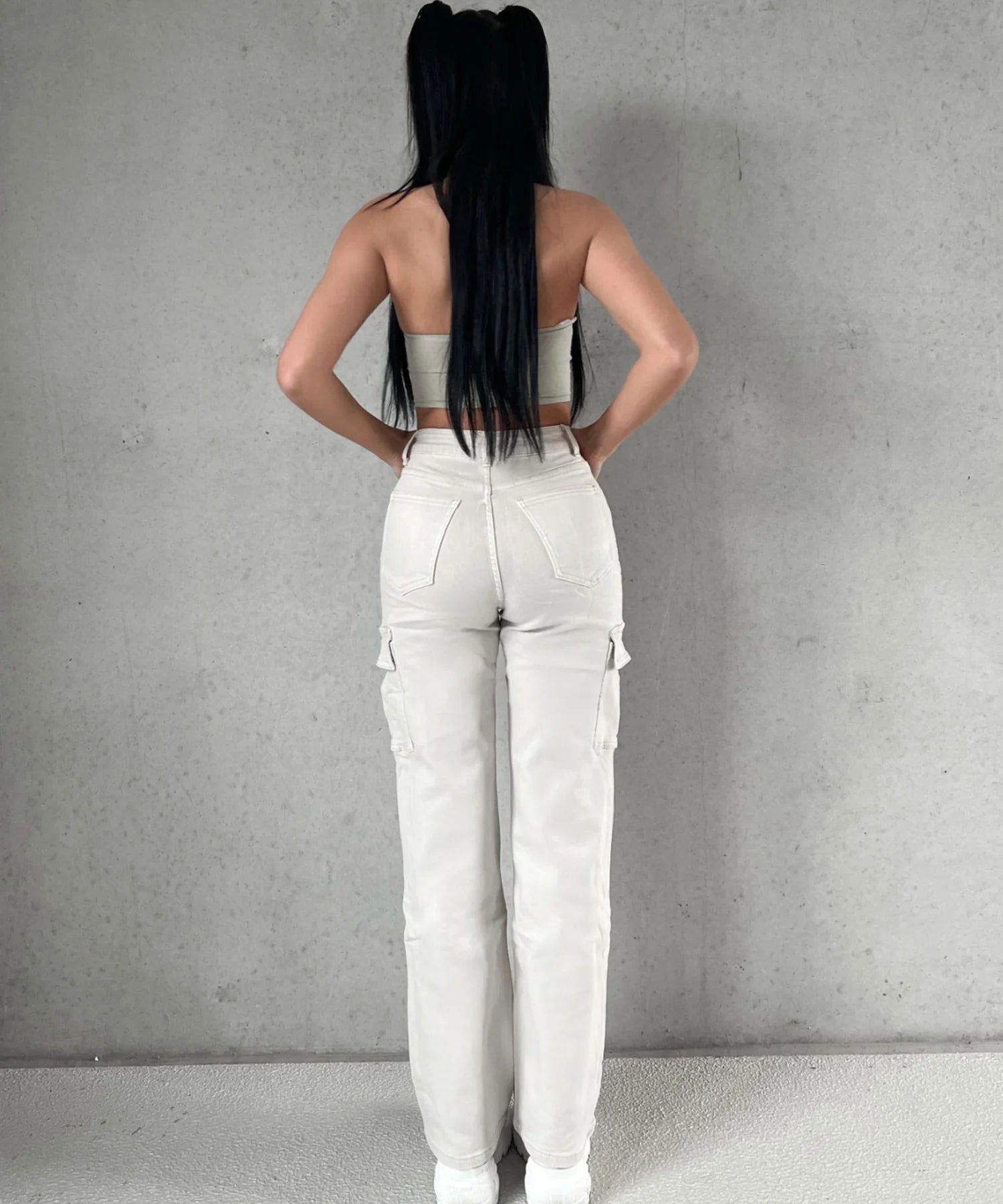 Jeans cargo elasticizzati a gamba larga beige