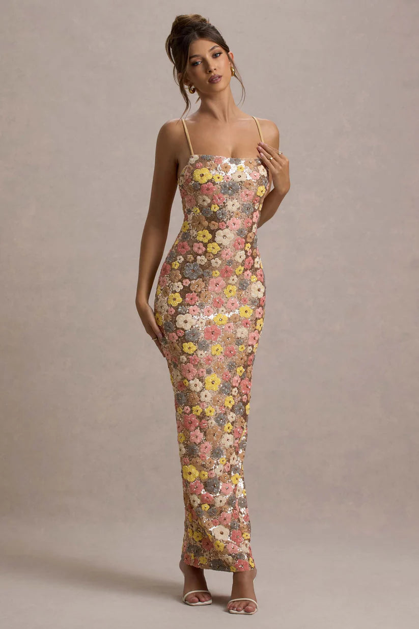 Abito lungo floreale Floramira con paillettes