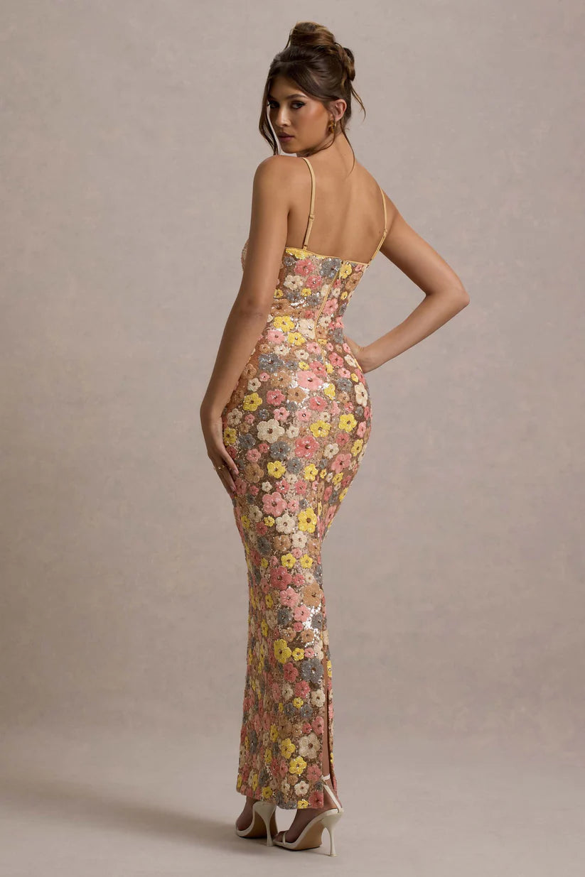 Abito lungo floreale Floramira con paillettes