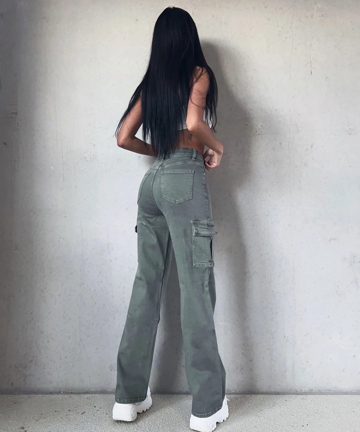 Jeans cargo elasticizzati a gamba larga Kahki