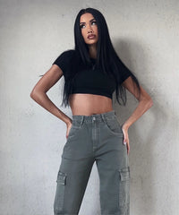 Jeans cargo elasticizzati a gamba larga Kahki